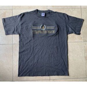 Vintage 90s Clearwater Beach T Shirt Florida USA Grey Striped Embroidered Large